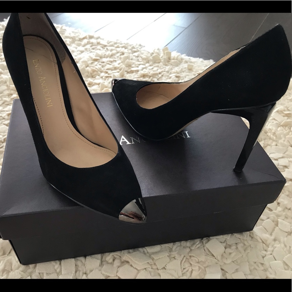 Black suede 3” heels.